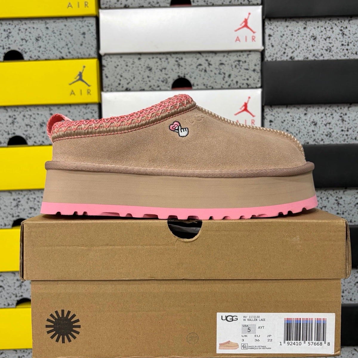 UGG Tazz Platform Slipper – Women’s Suede Clog with Pink Sole & Heart Embroidery in Sand