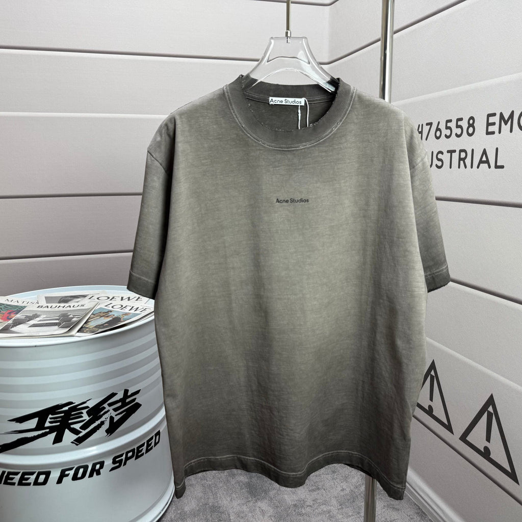 Acne Studios Minimal Centered Chest‑Text Distressed‑Trim Crew‑Neck Short‑Sleeve T‑Shirt