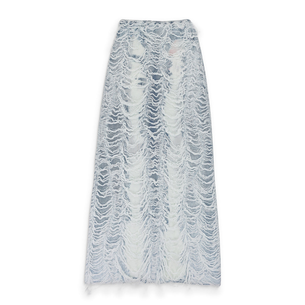 BLUE DENIM SHREDDED LONG MAXI SKIRT