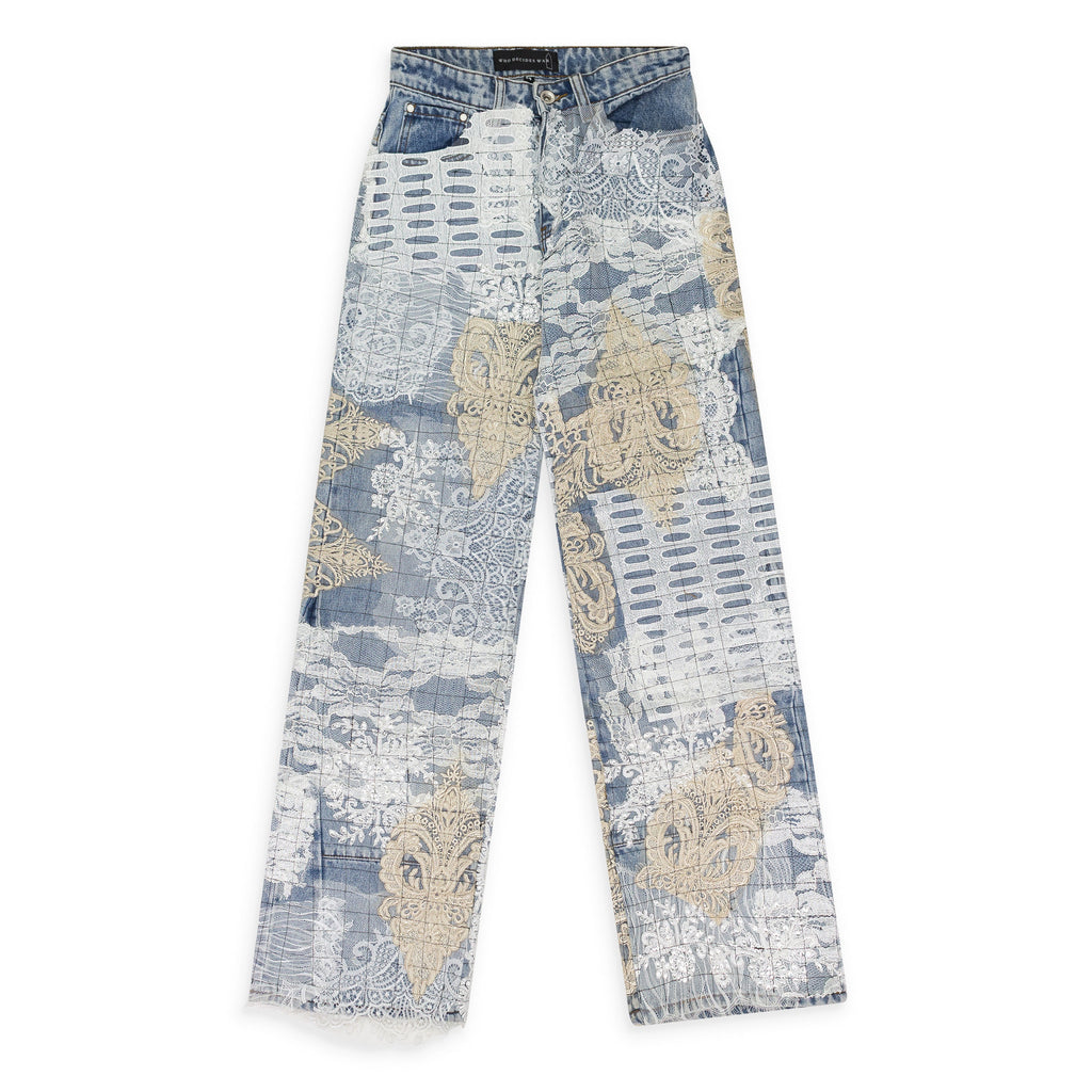 BLUE GRID LACE STRAIGHT-FIT JEANS