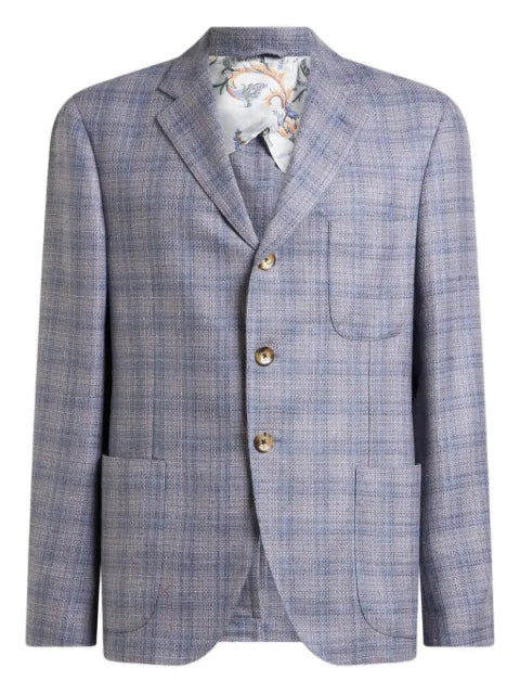 ETRO single-breasted silk and wool mouliné jacket with check motif