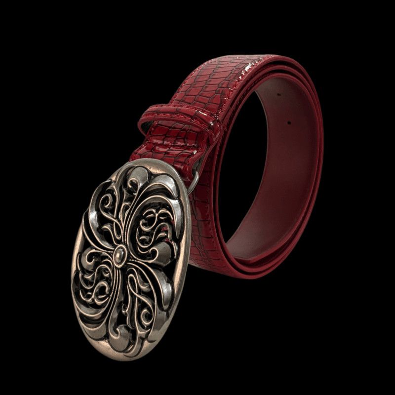 Red Croc Leather Belt Vintage Floral Carved Metal Buckle Waist Belt