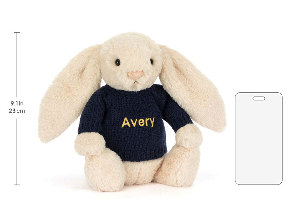 Bashful Luxe Bunny Willow with Personalized Navy Jumper