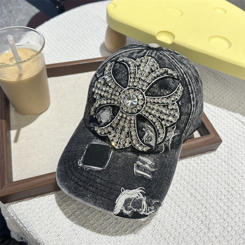 Rhinestone Cross Distressed Denim Baseball Cap Vintage Y2K Women Hat