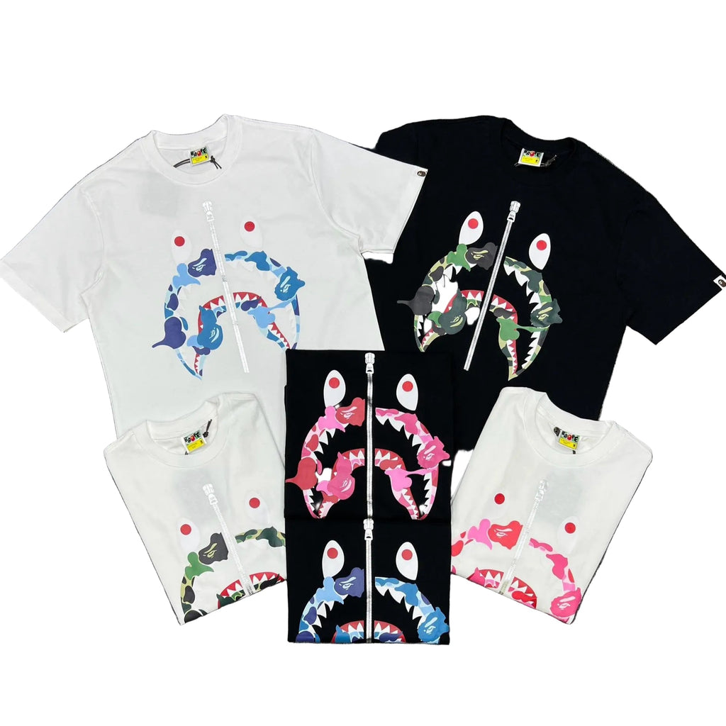 Bape Shark Camo Zip Graphic Oversized Tee Streetwear Unisex