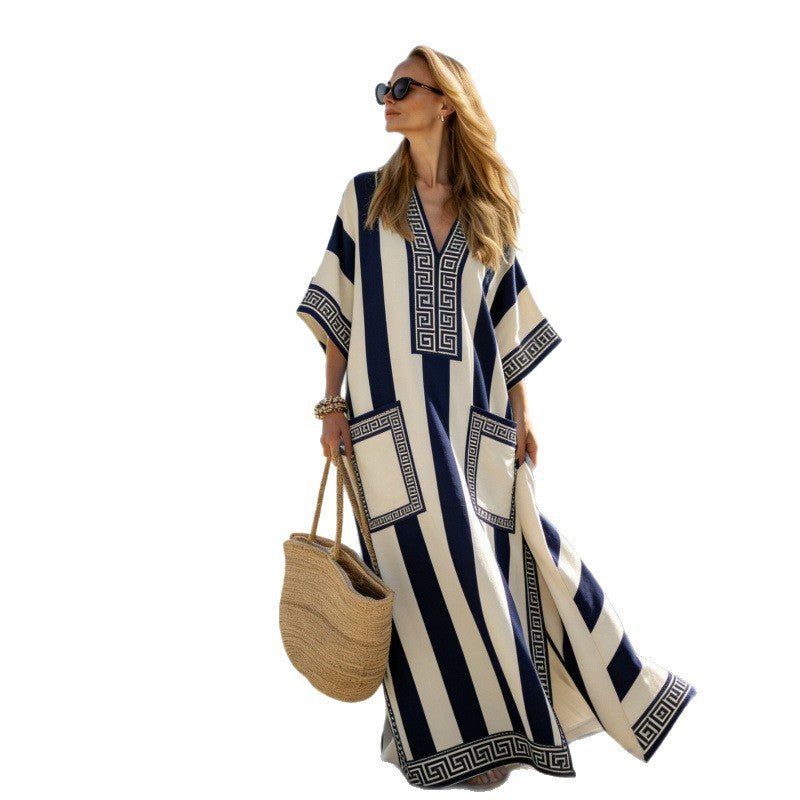 Women's Boho Striped V-Neck Pocket Kaftan Maxi Dress