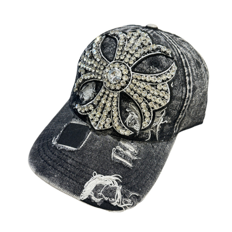Rhinestone Cross Distressed Denim Baseball Cap Vintage Y2K Women Hat