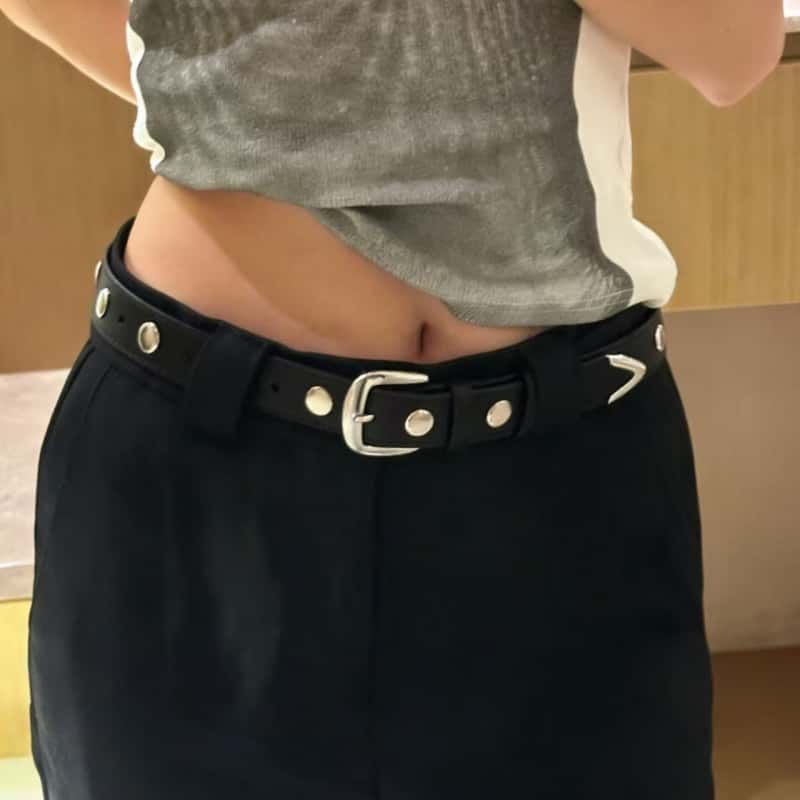 Rivet Leather Belt Silver Studded Pin Buckle Black Denim Waist Belt
