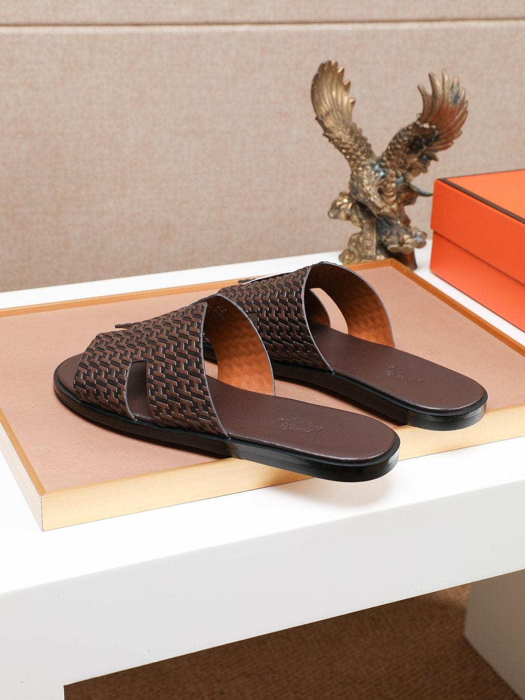 Hermes Dark Brown Woven H-Cutout Slide Sandals