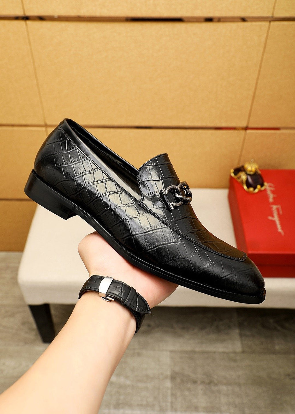 Ferragamo Black Embossed Bit Loafers - Croc-Embossed Texture