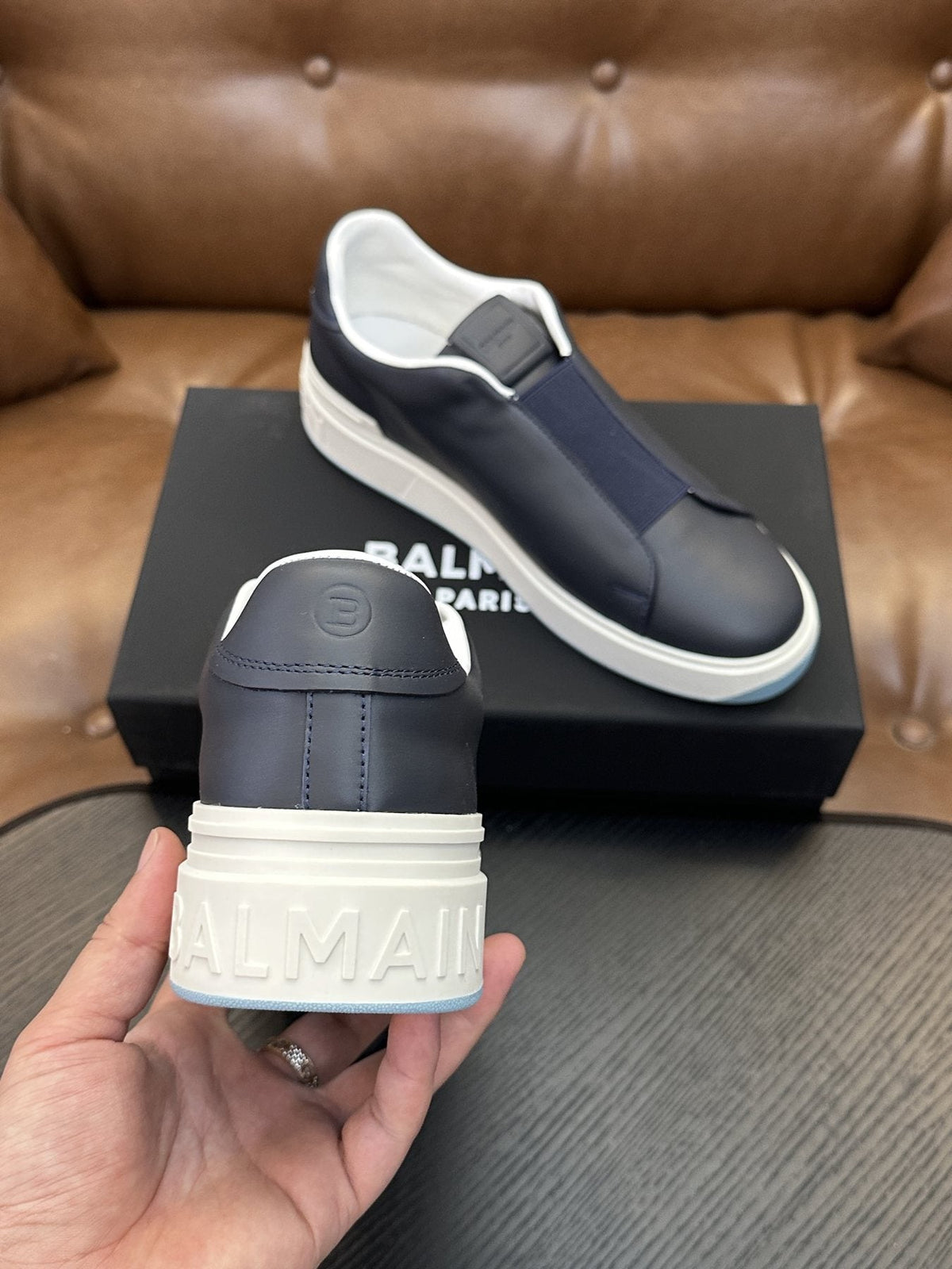 Balmain Navy Elastic Band Slip-On Sneakers