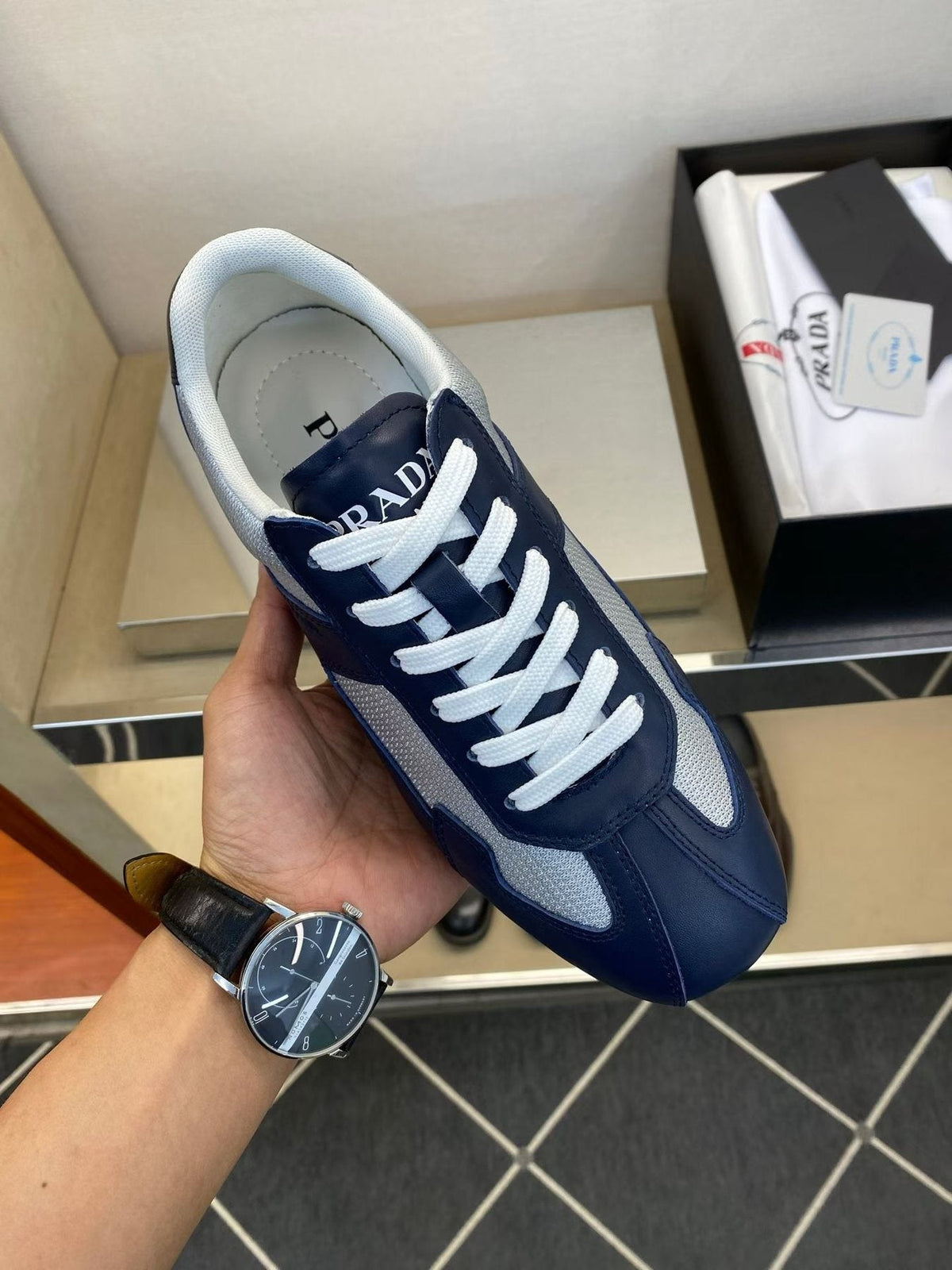 Prada Men's Navy Blue Panel Low-Top Sneakers