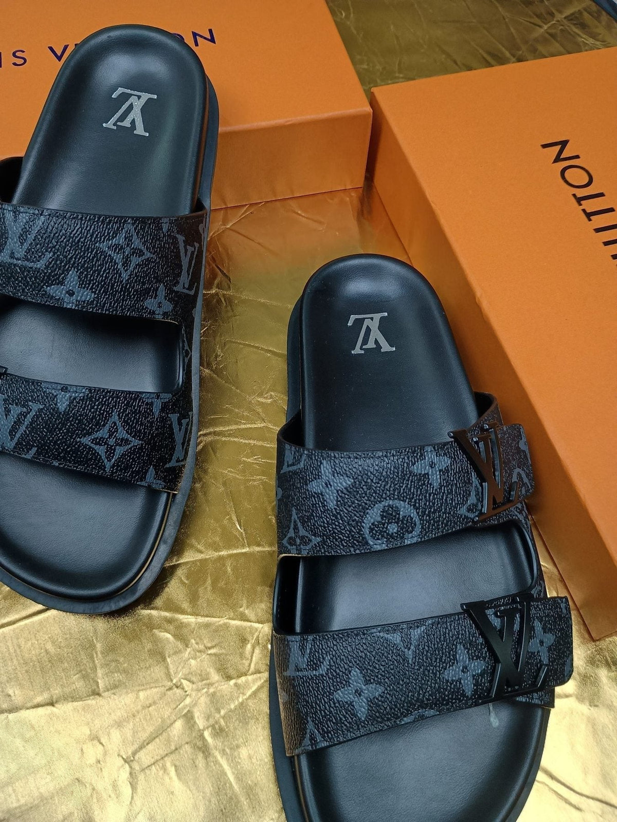 Louis Vuitton Dark Gray Monogram Slide Sandals - Black Footbed