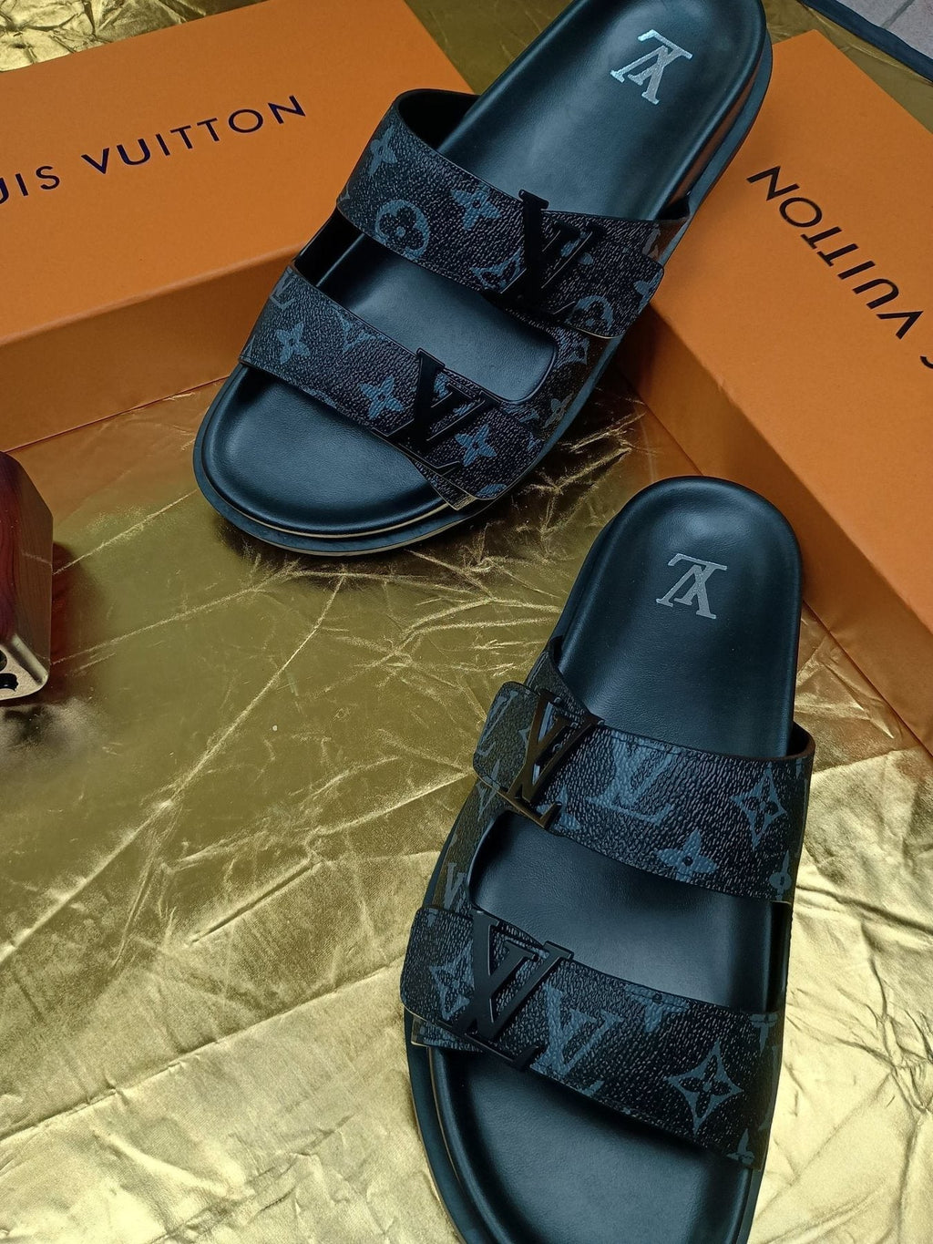 Louis Vuitton Dark Gray Monogram Slide Sandals - Black Footbed