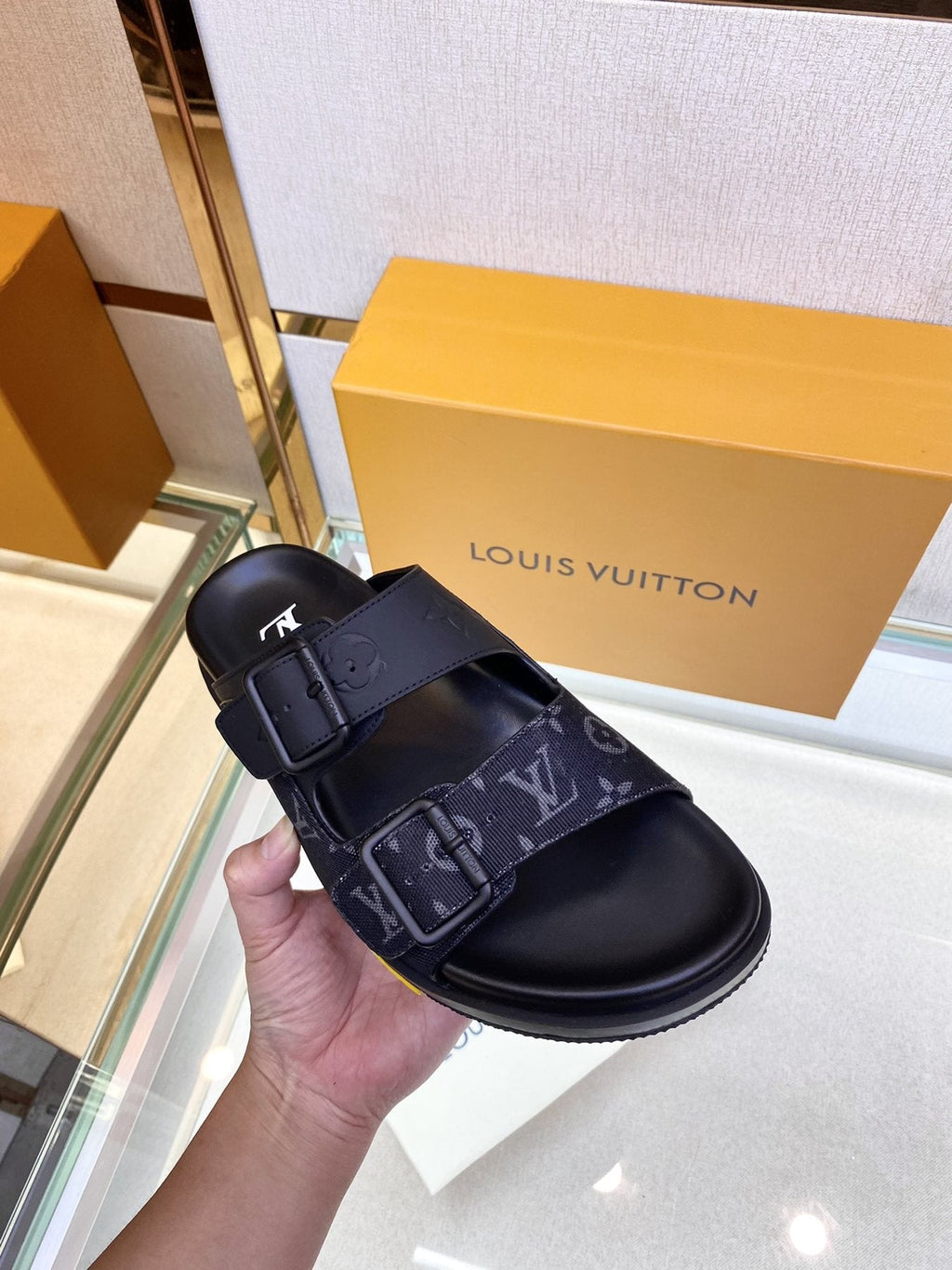 Louis Vuitton Monogram Buckle Slide Sandals - Fine-Textured Rubber Outsole