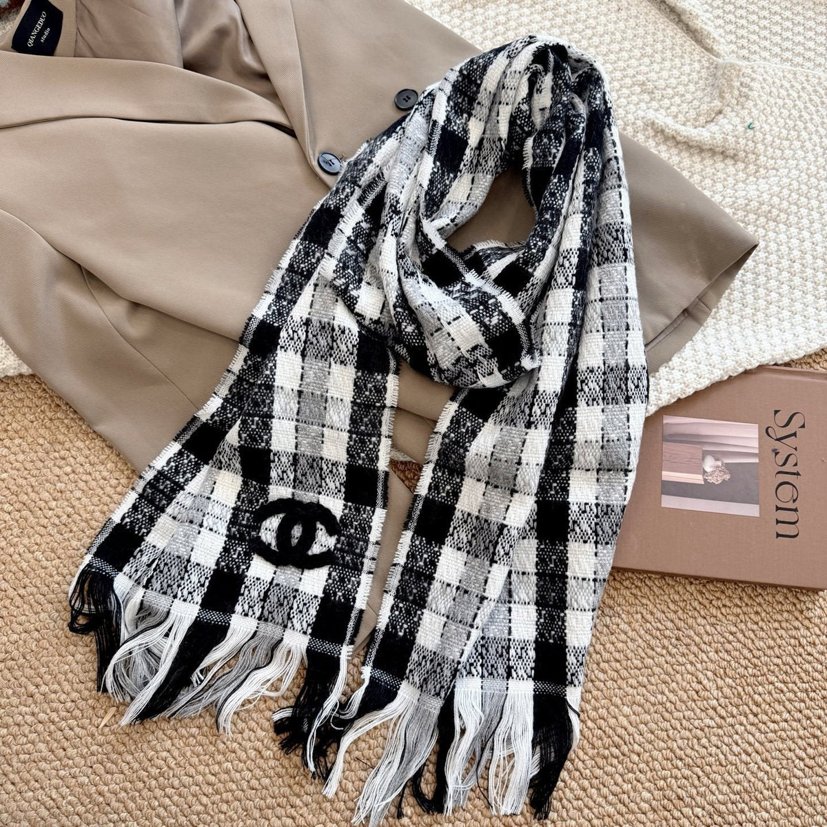 Chanel Black and White Plaid Fringed Scarf