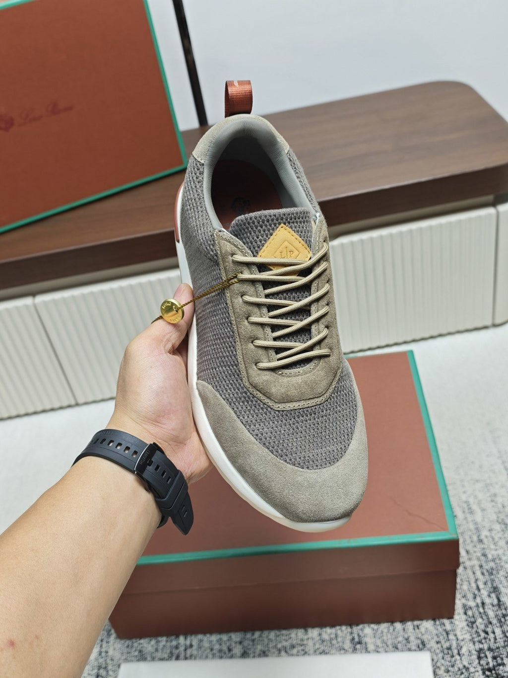 Loro Piana Gray Taupe Lace-Up Sneakers