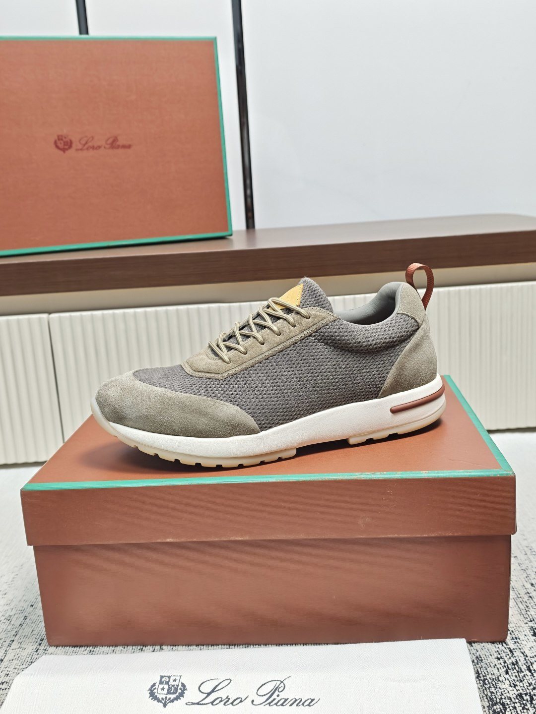 Loro Piana Gray Taupe Lace-Up Sneakers