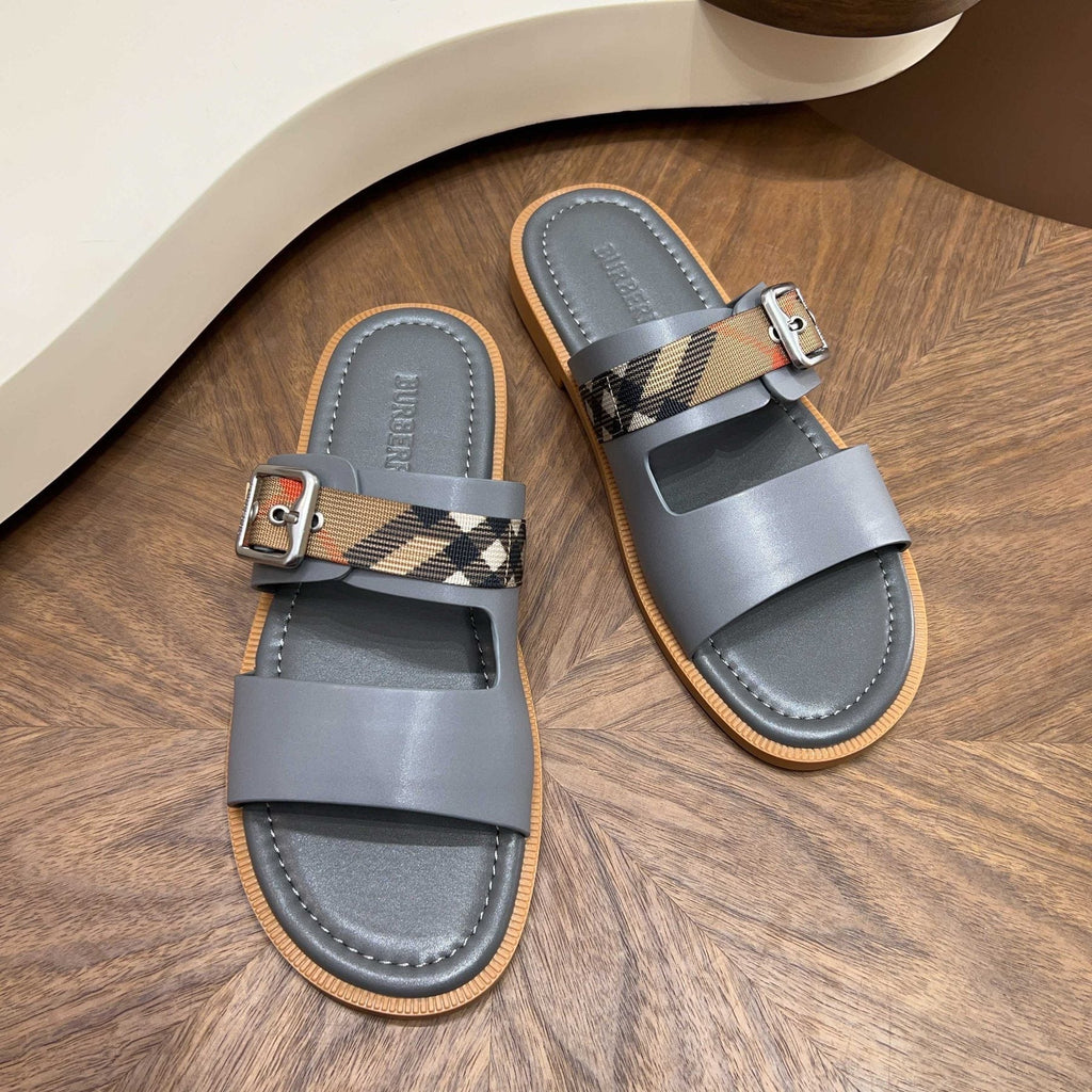 Burberry Plaid Buckle Slide Sandals - Flat Sole