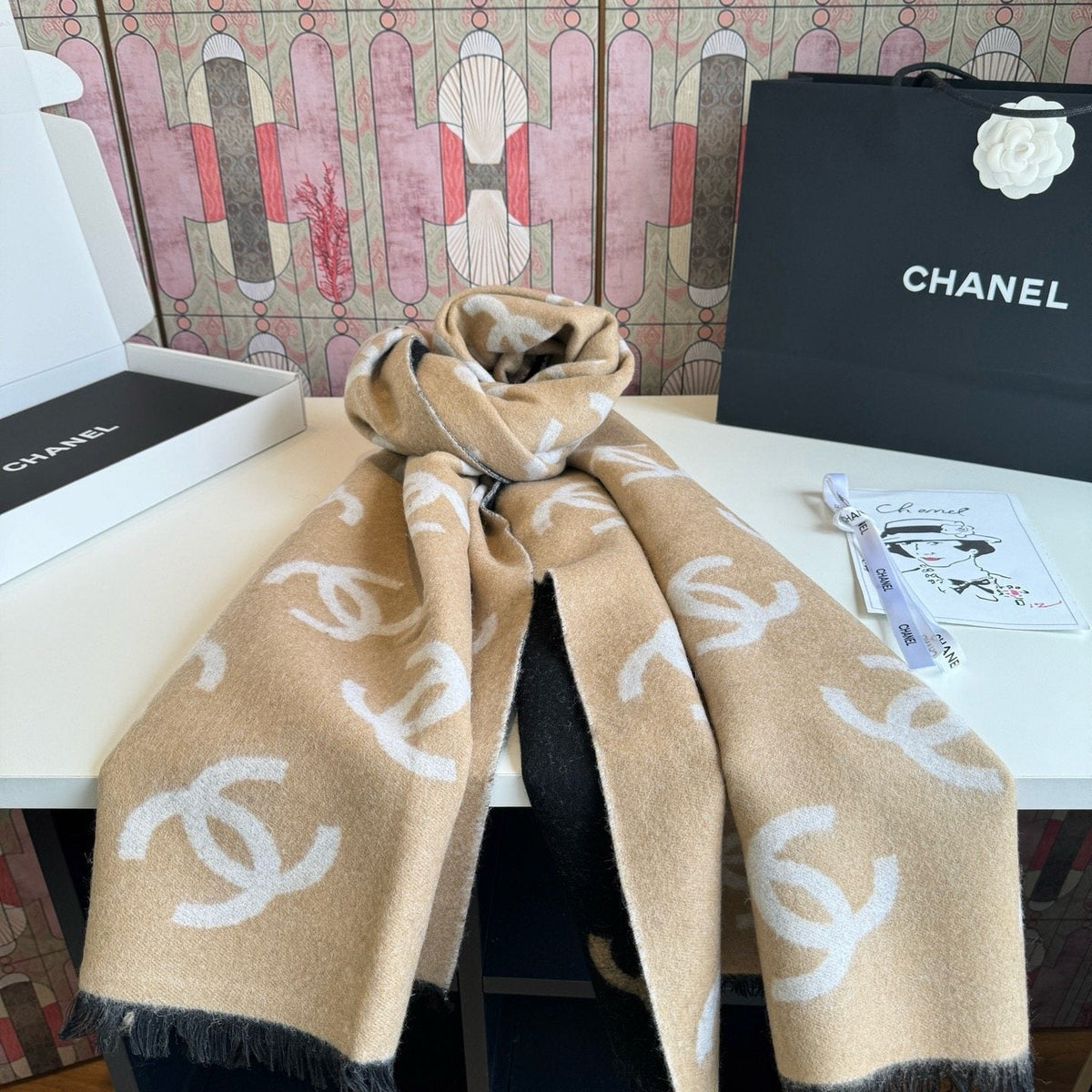 Chanel Reversible Logo Motif Scarf Shawl