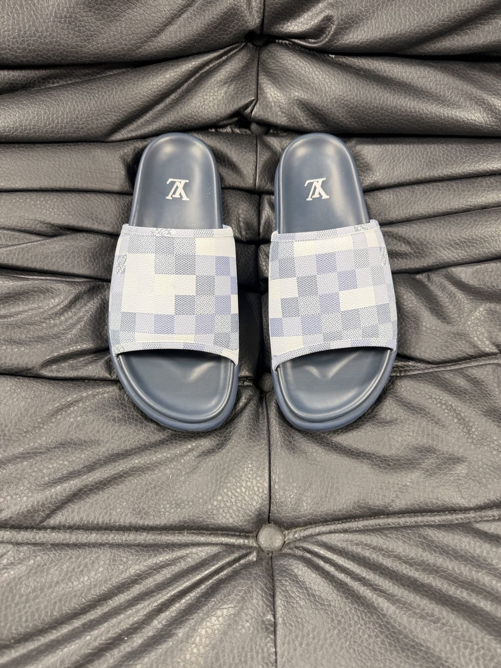 Louis Vuitton Slate Blue Checkered Slide Sandals