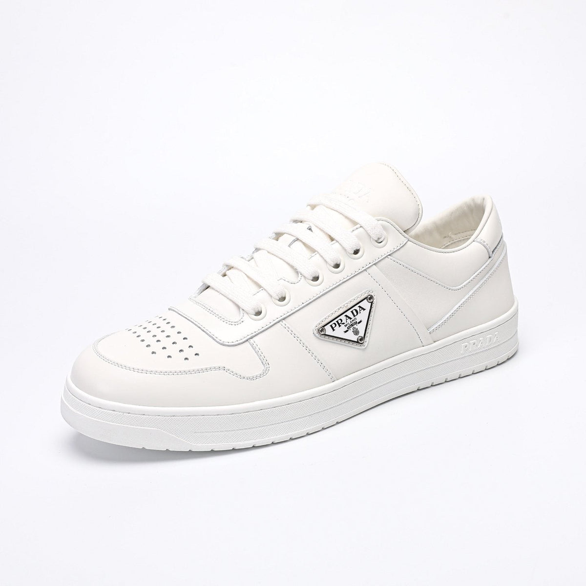 Prada Men's Triangle Plaque Low-Top Sneakers - Perforated Toe Box