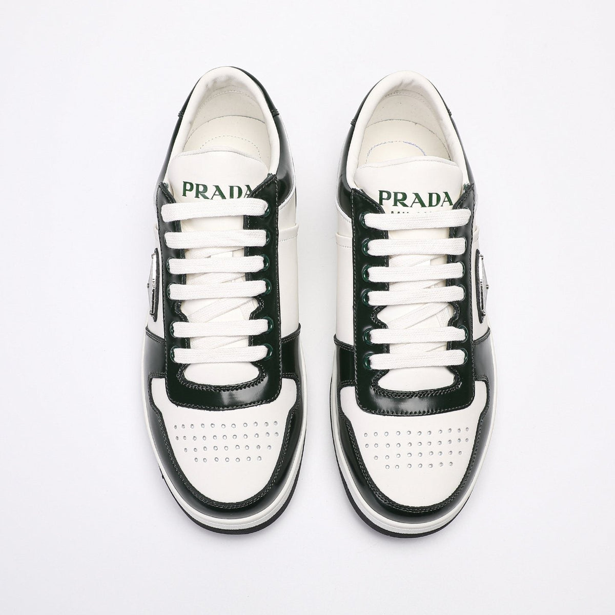 Prada Men's Triangle Plaque Low-Top Sneakers - Perforated Toe Box