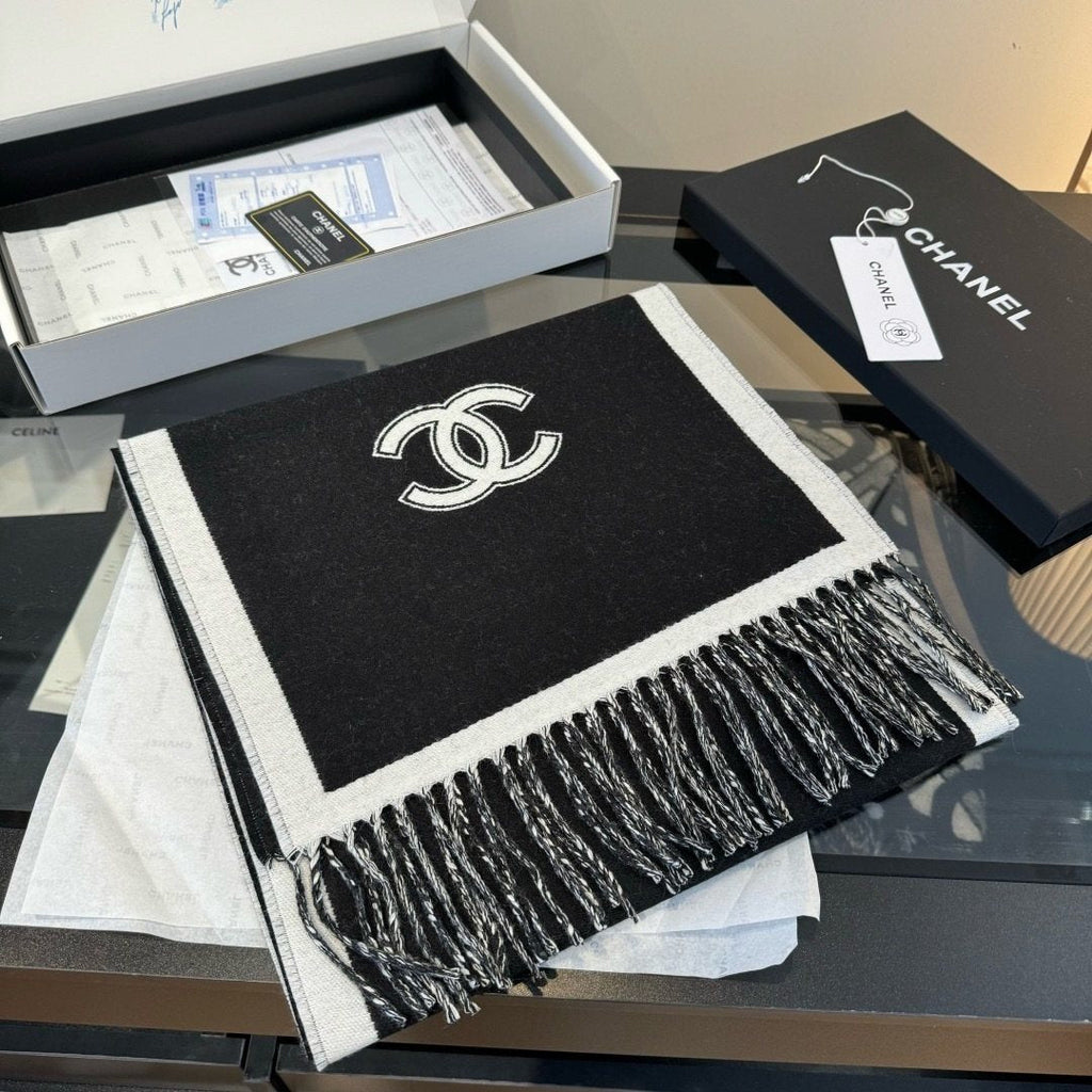 Chanel Contrast Panel Fringed Scarf
