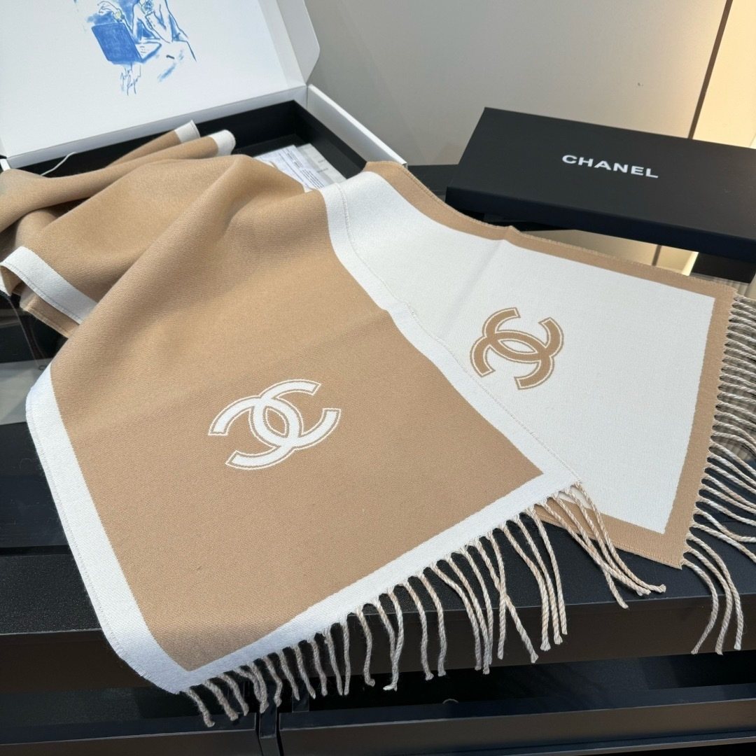 Chanel Contrast Panel Fringed Scarf