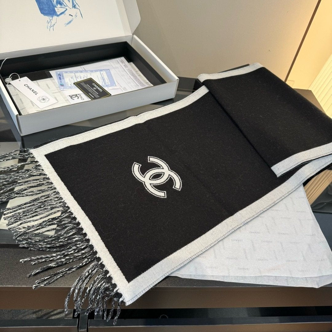 Chanel Contrast Panel Fringed Scarf