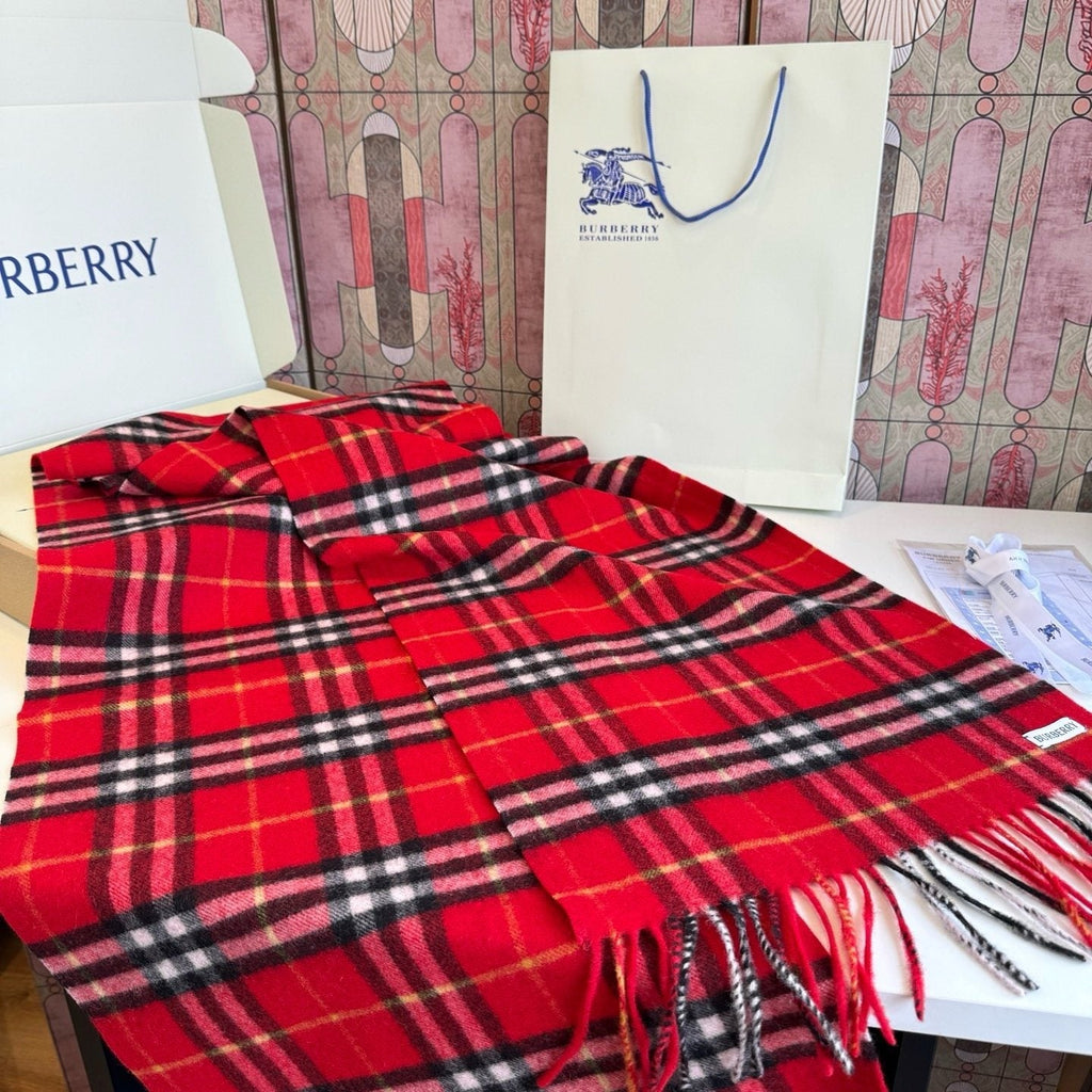 Burberry Red Plaid Fringed Scarf